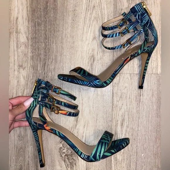 Express Cabana Stiletto High Heels Strappy Blue Green Floral Beach Summer sz 8 - Picture 11 of 11